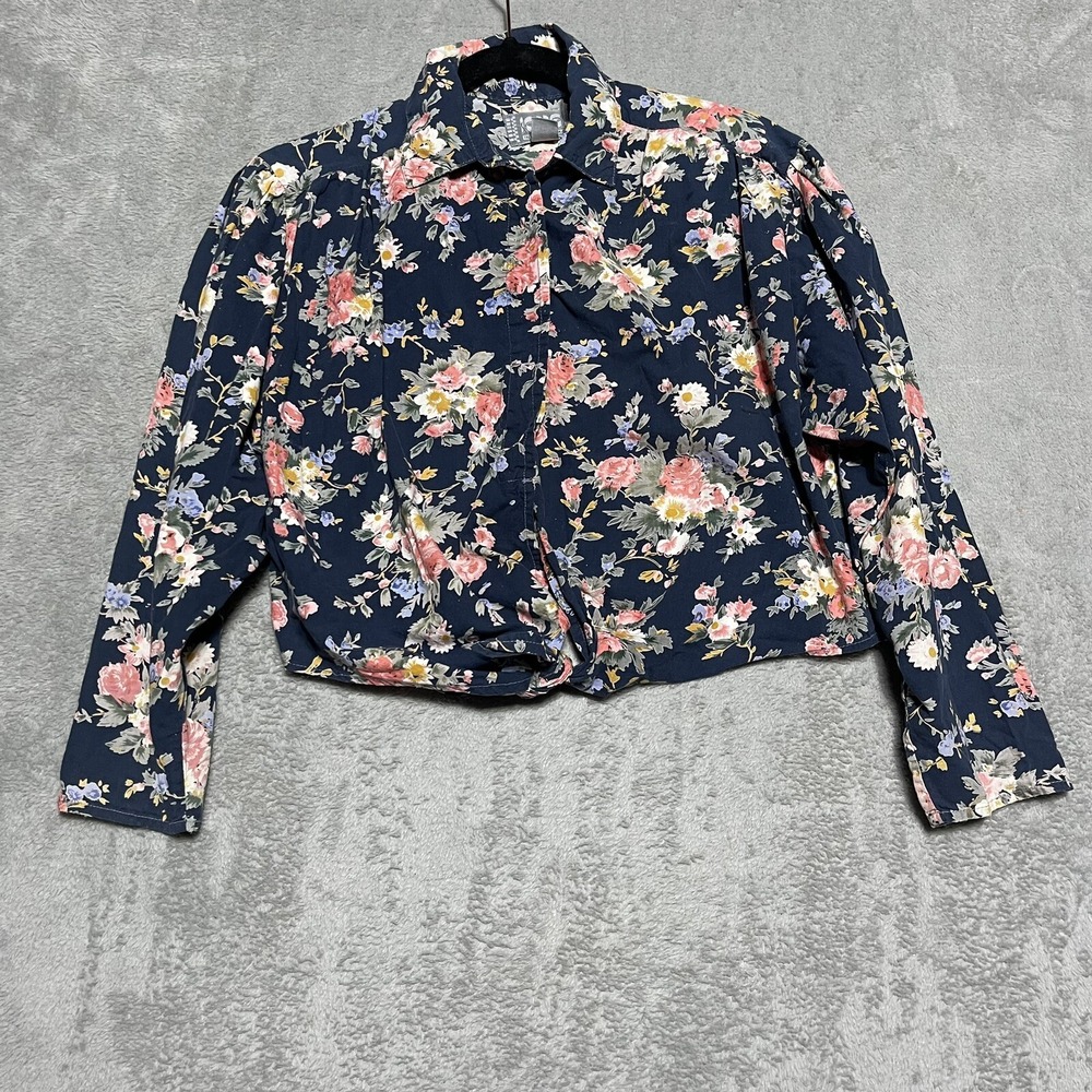Vintage Sorrel Shirt‎ Womens Small Navy Floral Button Down Tie Front Top